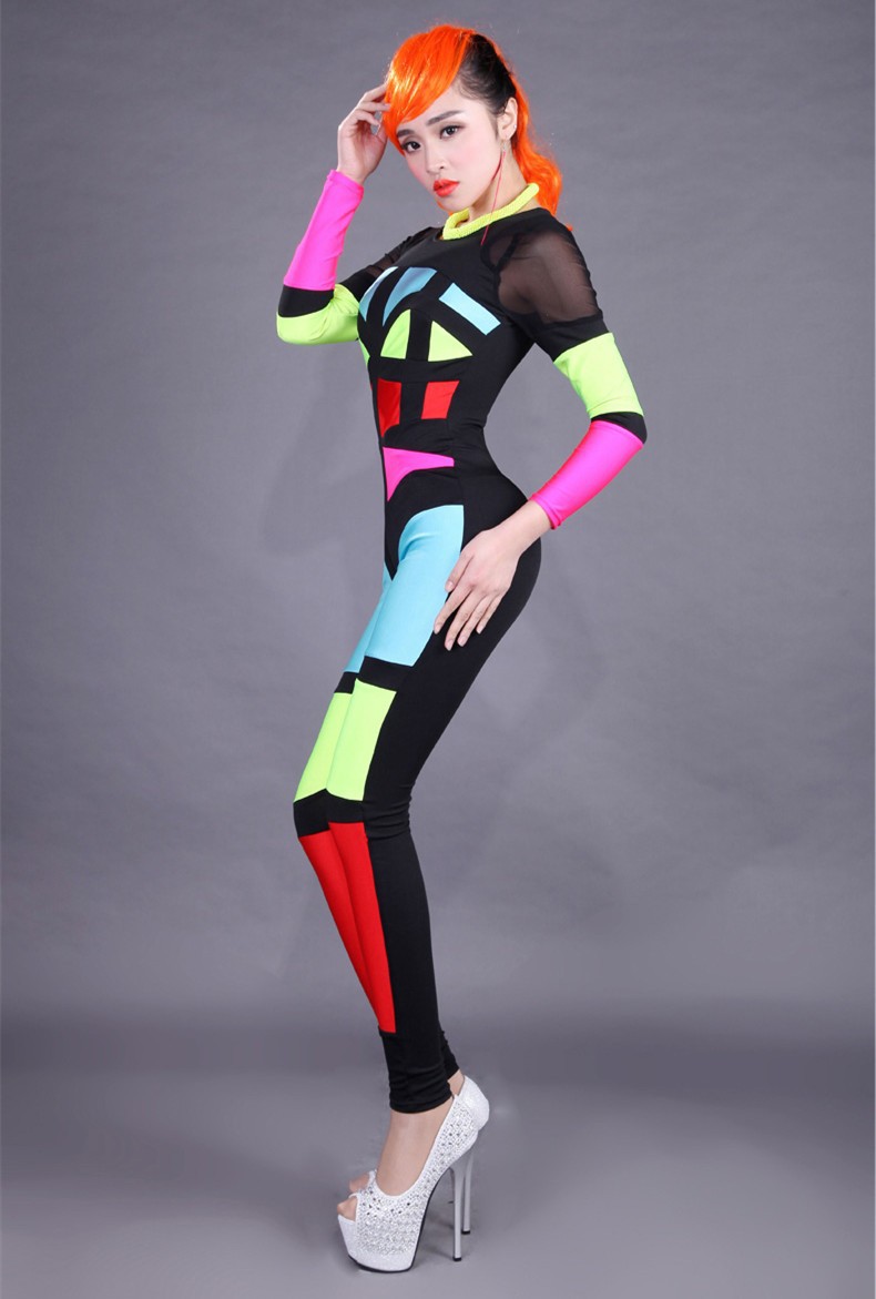 Halloween DS Singer Pole Dancing Neon One Piece Costume Multicolour DJ Patc...