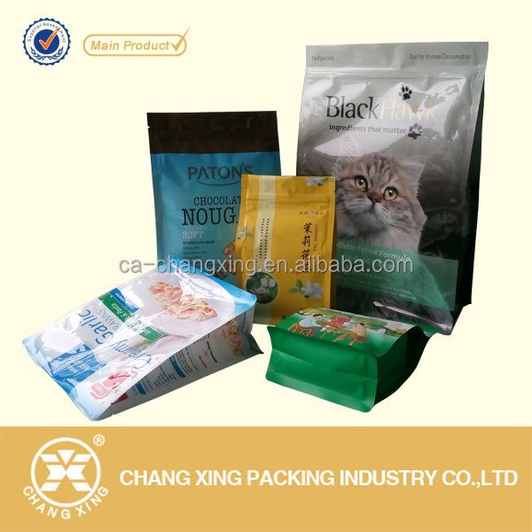 Custom print multi material made flat square block bottom bag for coffee/rice/snack/pet food