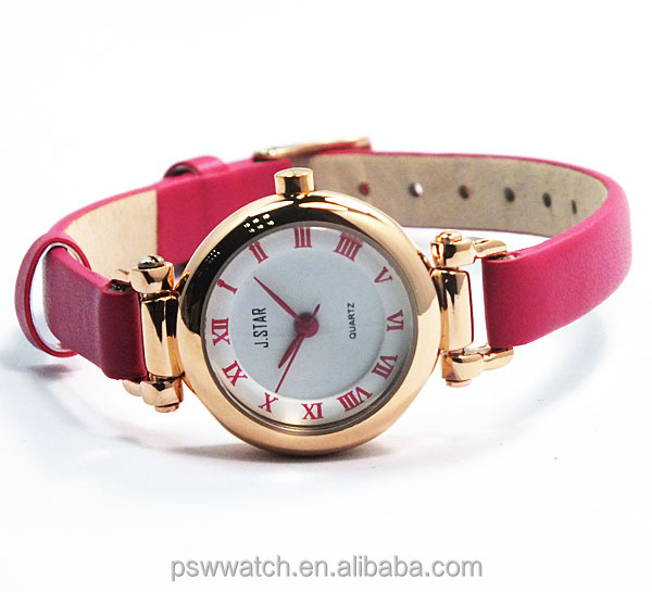 2014 new style hot sale rose gold leather pink hand watch for girl