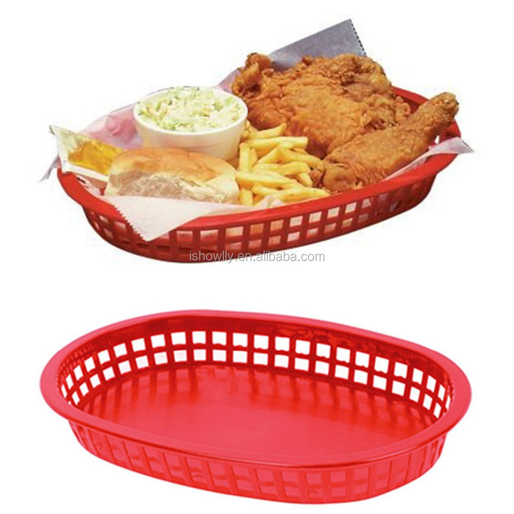 12 Pack Orange Oblong Plastic Flat Bottom Fast Food Baskets Durable