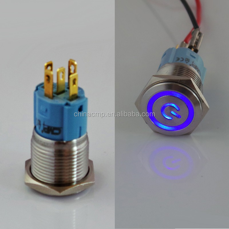 cmpラッチング金属16ミリメートルのプッシュボタンのオンオフ12v24v青色led照光式電源スイッチip67仕入れ・メーカー・工場