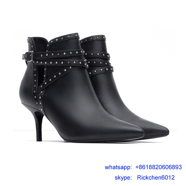 hot sale black leahter rivet thin heel women boots