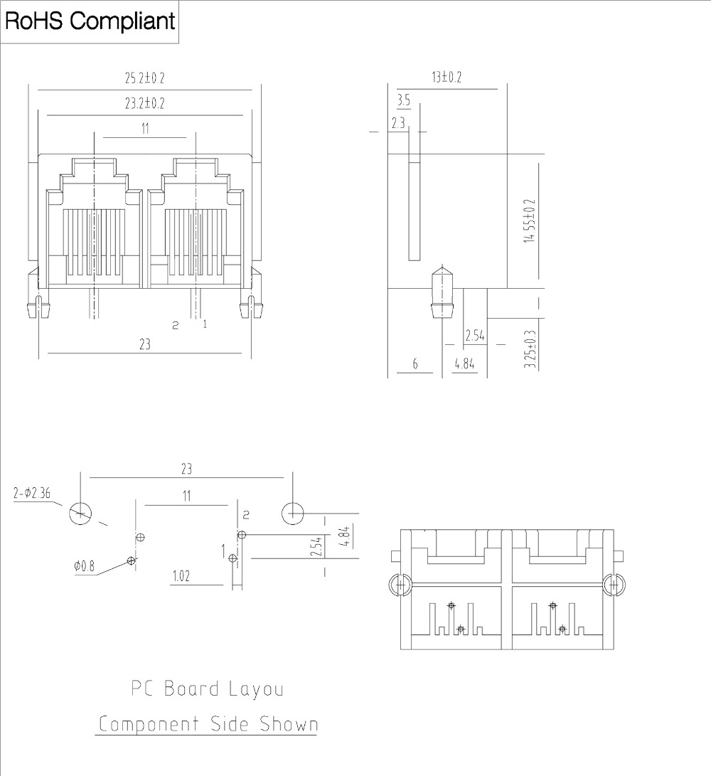 55シリーズ1x22ポート6p4crj11pcbモジュラーコネクタ仕入れ・メーカー・工場