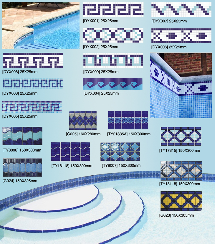 Decorative Ceramic Swimming Pool Blue Border Tile Waterline View