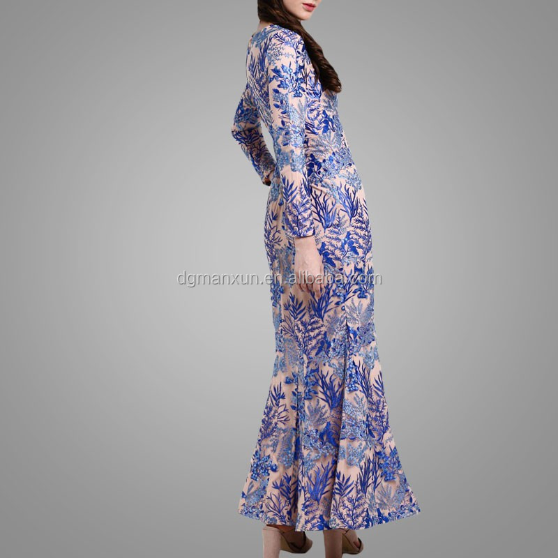 royal blue lace mermaid fashion muslim dress