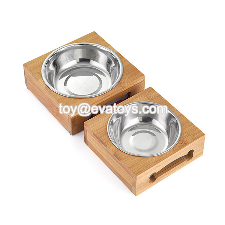 Wholesale Cheap Wooden Dog Food Dispenser With Double Stainless Steel
