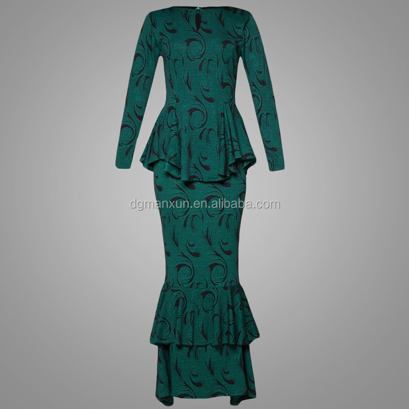 green printed peplum mermaid baju kurung new arrival beautiful malaysia baju kurung