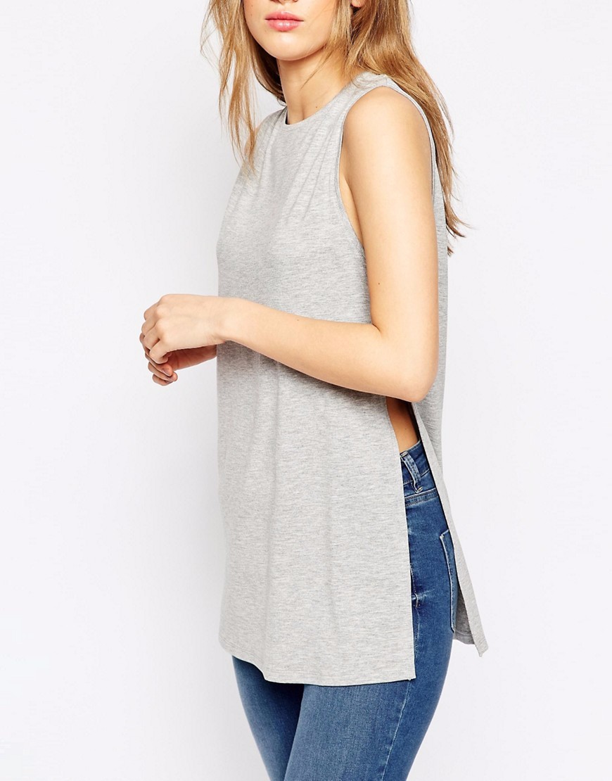 2016カスタムデザインサイド女性分割tシャツノースリーブ卸売グレー色最も人気カラーtシャツ仕入れ・メーカー・工場
