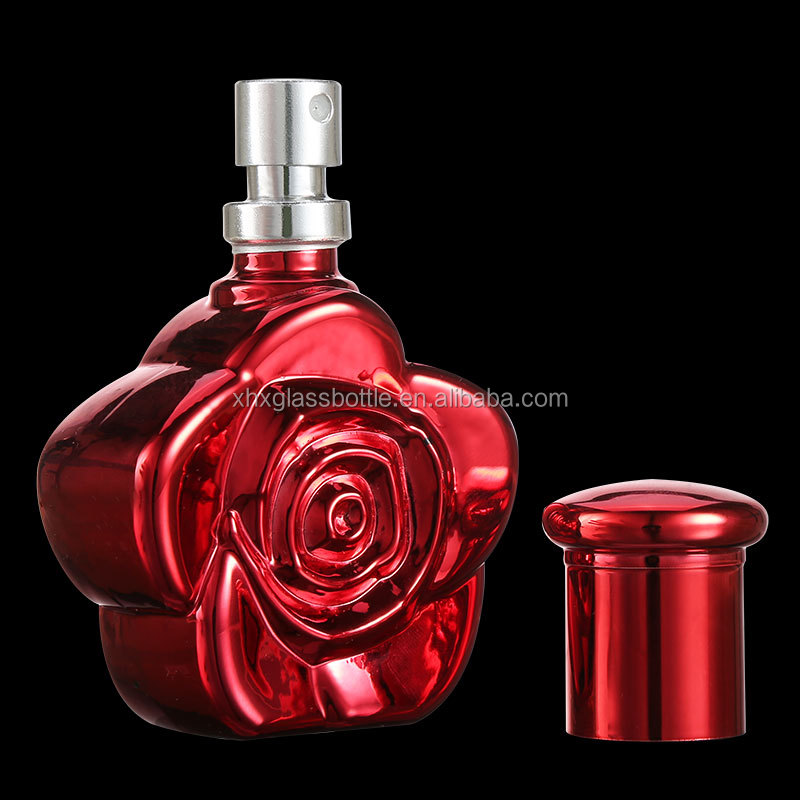 花の形のユニークなデザイン空のフレグランスボトル赤いバラ30ml女性メタリックuv香水のガラスボトル用ボトルパルファム仕入れ・メーカー・工場