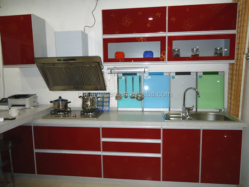 Alto brillo rojo mueble cocina con puertas de vidrio templado ...