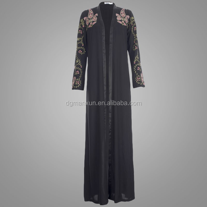 Black embroidered paisley flowing kimono abaya front open abaya