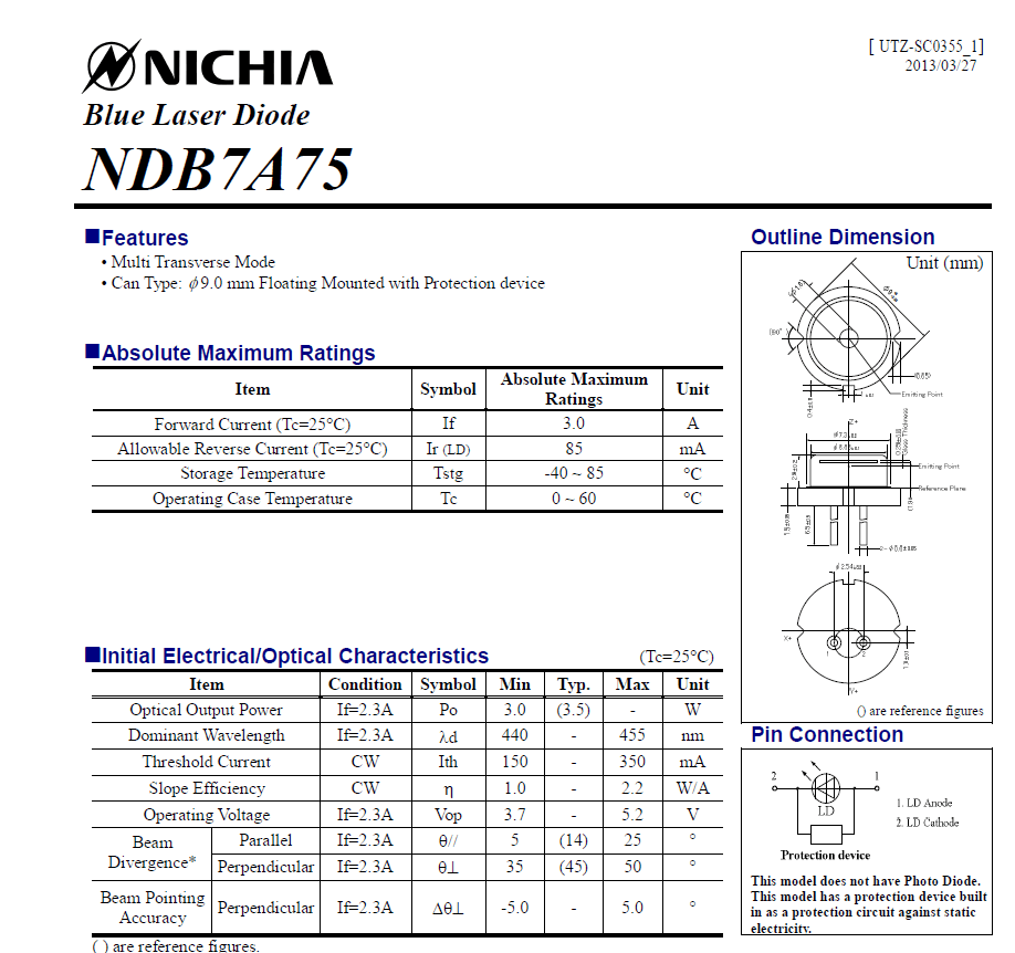 Nichia NDB7A75 450nm 3500mW 3.5w 9mm high power laser diode 1 piece
