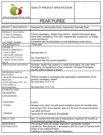 Pear puree from Poland. Aseptic package. Fast delivery.