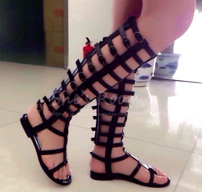 Knee High Gladiator Sandals Genuine Leather Cut Out Flat Sandals ...