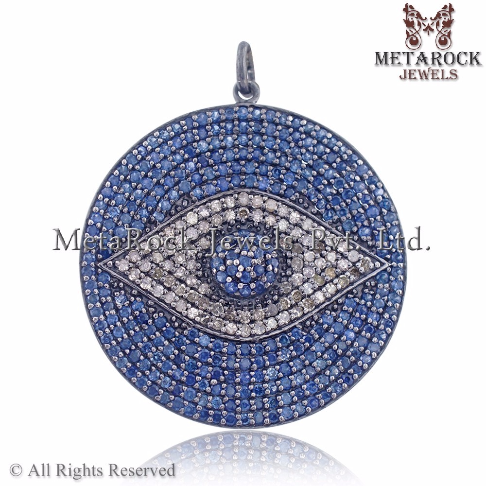 pave natural blue sapphire evil eye charm pendant