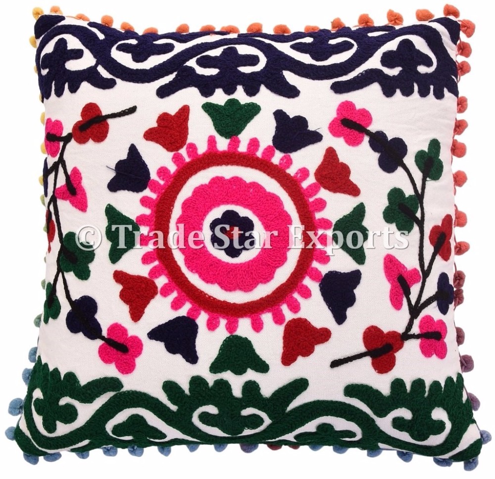 Indian Suzani Cushion Cover 16x16 Vintage Pillow Case Embroidery Throw Cushions