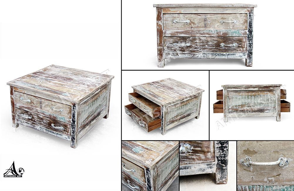Whitewashed Reclaimed Hand Finished Coffee Table With 4 Drawers