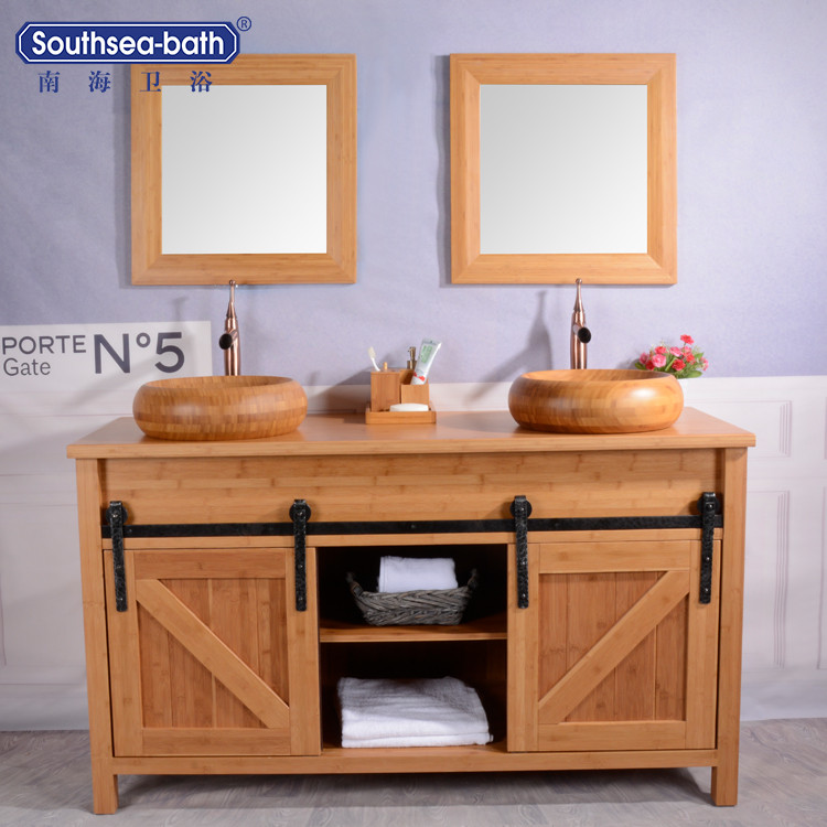 60 Double Barn Door Design Bamboo Natural Color Bathroom Vanity